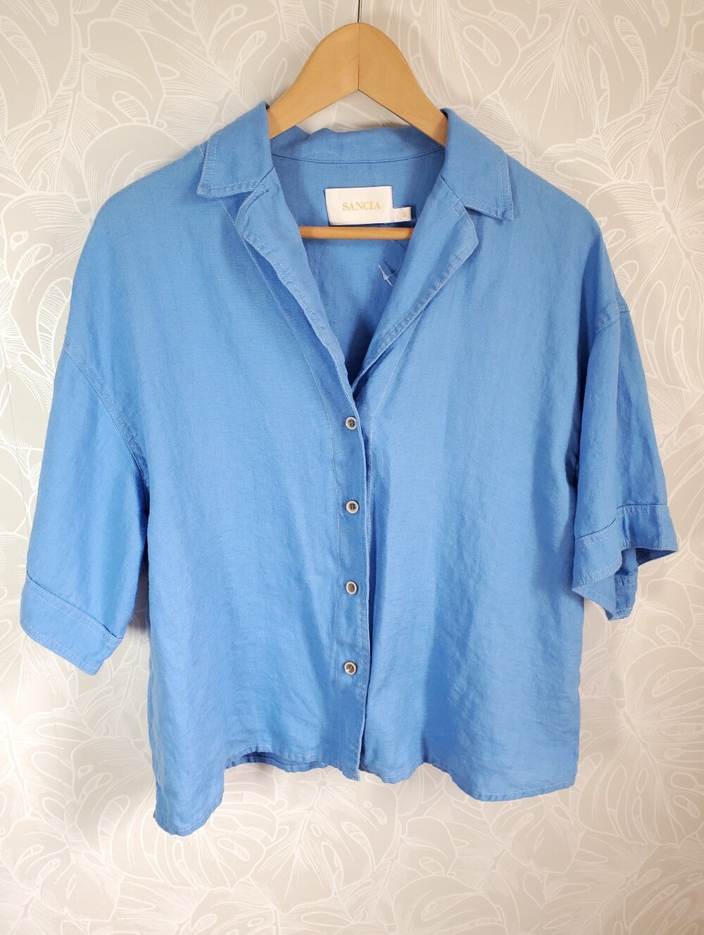 SANCIA Anthropologie Soeli Blue Linen Short Sleeve Top Size Small